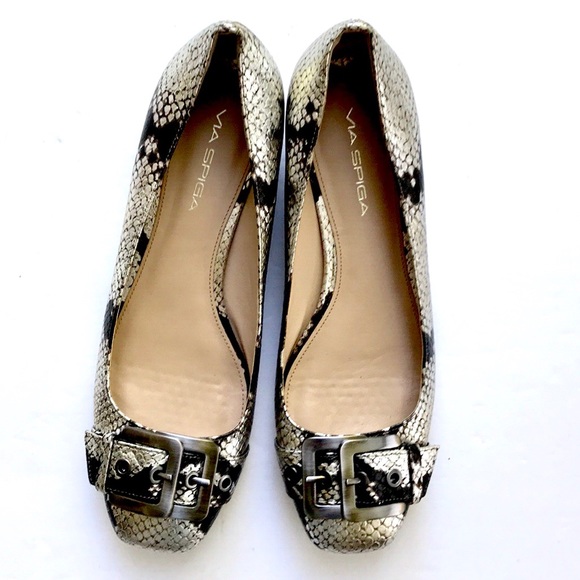 Via Spiga Metallic Python Leather Buckle Flats - Picture 2 of 7